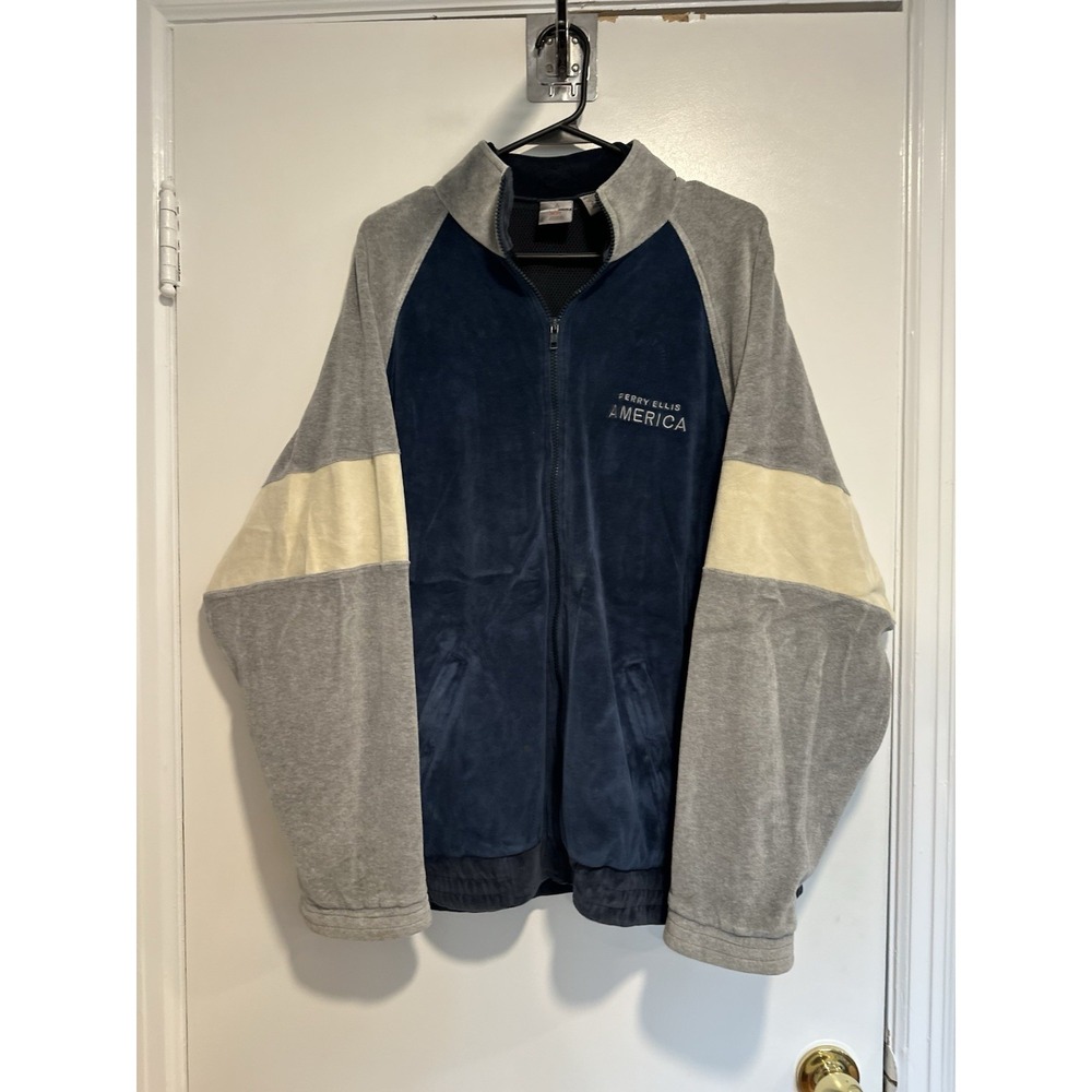Perry Ellis America Vintage 90s Velour Track Jacket Sz:M Blue Colorblock Velour